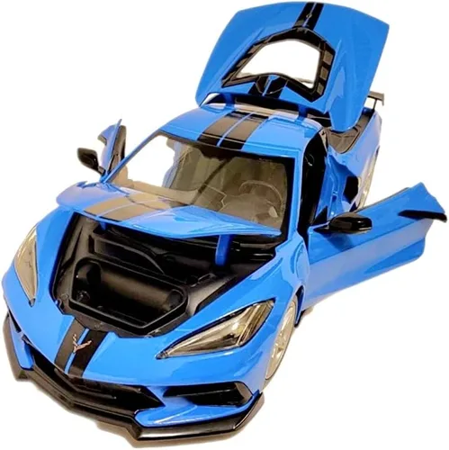 Vista 2 de Chevy Corvette Stingray C8 Coupé 2020 con ala alta azul con rayas negras 118 modelo fundido a presión Car31455