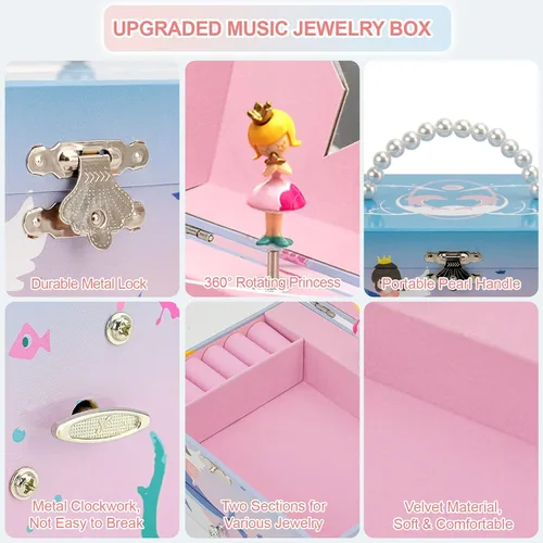 Vista 3 de HAMOPY Joyero musical para niñas con cajón y juego de joyas con princesa giratoria para regalo de cumpleaños, Navidad, caja de música de princesa