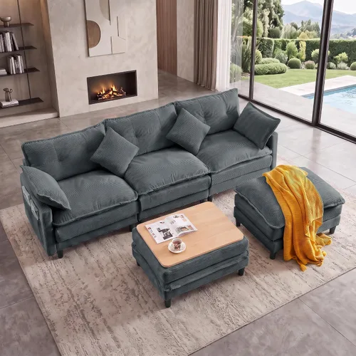 Vista 23 de Sofá de nube en forma de L de 73.5 pulgadas, sofá modular con mesa auxiliar otomana, sofá biplaza de pana con almohada, cómodo y moderno sofá
