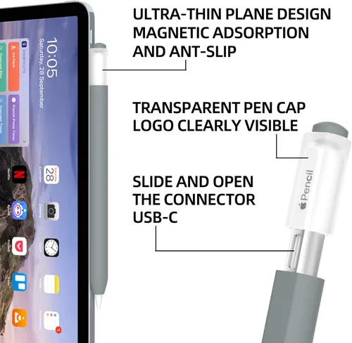 Vista 4 de AZF Compatible con Apple Pencil USB C, funda protectora de silicona antideslizante para Apple Pencil (USB-C), soporte magnético (gris)