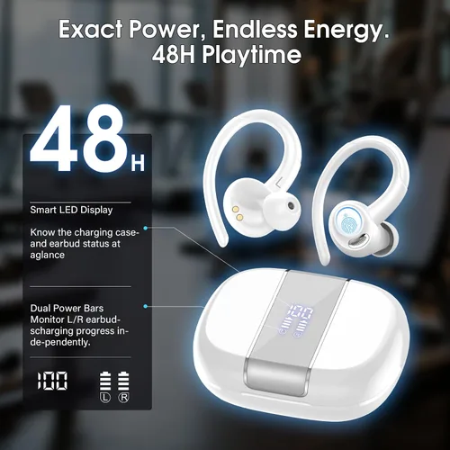 Vista 5 de Auriculares deportivos inalámbricos con gancho para la oreja, 48H Deep Bass/ENC Mic Ear Buds White Wireless Earphone with LED Display, Bluetooth