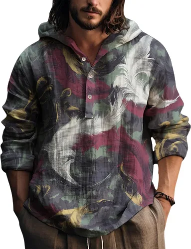 Vista 5 de Sudadera con capucha para hombre, con estampado de plumas, manga larga, 3 botones, a la moda, casual, para otoño, cómoda y suave