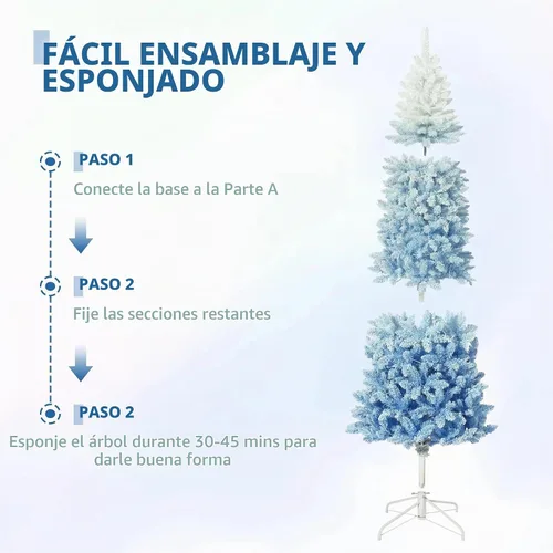 Vista 4 de Árbol de Navidad de lápiz flocado de nieve de 6 pies con degradado azul, árbol de Navidad artificial delgado en soporte de metal resistente