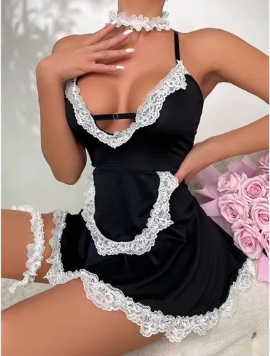 Vista 7 de Lencería sexy de sirvienta para mujer para sexo, disfraz de sirvienta francesa traviesa para juegos de rol, delantal con ribete de encaje, elegante