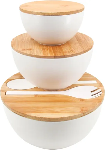 Vista 11 de ECOWAY Juego de 3 cuencos de ensalada con tapas de bambú, juego de tazones de mezcla, cuencos anidables para almacenamiento de ahorro de espacio 3