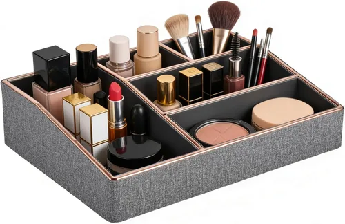 Vista 10 de Bandeja organizadora de maquillaje de piel sintética, organizador grande de tocador, caja de almacenamiento de cosméticos para pinceles de lápiz