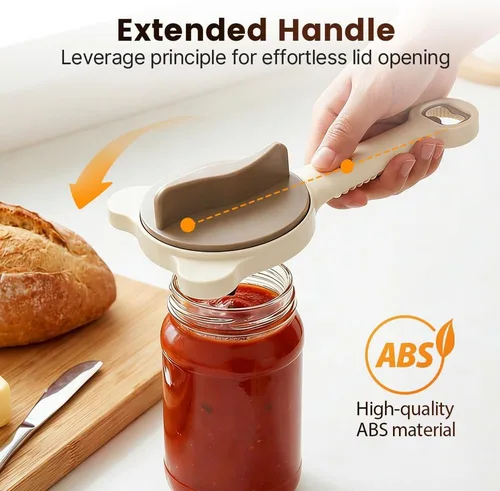 Vista 6 de Abrelatas de acero inoxidable ajustable, abridor de tarros para manos débiles con abridor de tapas de botellas, agarre de tapa multifuncional