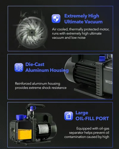 Vista 5 de Bomba de vacío Wisscool de 3.5 CFM y kit de manómetro múltiple de 3 vías