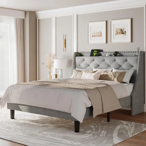 Vista 10 de Feonase - Base de cama tamaño completo con respaldo de alas de lujo y estación de carga rápida, base de cama tapizada con botones y cabecera