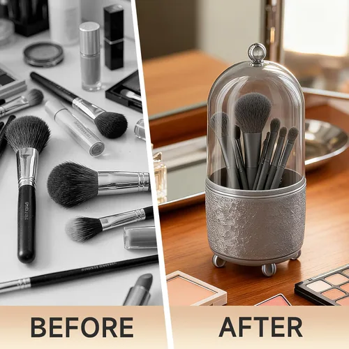 Vista 3 de Soporte para brochas de maquillaje con tapa, organizador de herramientas cosméticas con tapa, apertura deslizante giratoria de 360°, contenedor