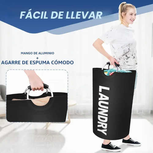 Vista 5 de Cesta de lavandería grande de 90 litros, cesta de lavandería impermeable independiente, cesta plegable para ropa alta, fácil de transportar con asas