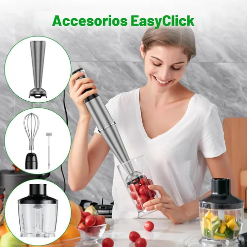 Vista 4 de Batidora de inmersión de mano con cable turelar, juego de licuadoras de mano de 1100W, disparador de velocidad variable 5 en 1 con palillo Negro
