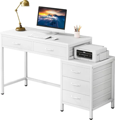 Vista 9 de LITTLE TREE Escritorio para computadora de 5 cajones, escritorio con cajón reversible para oficina en casa, color marrón