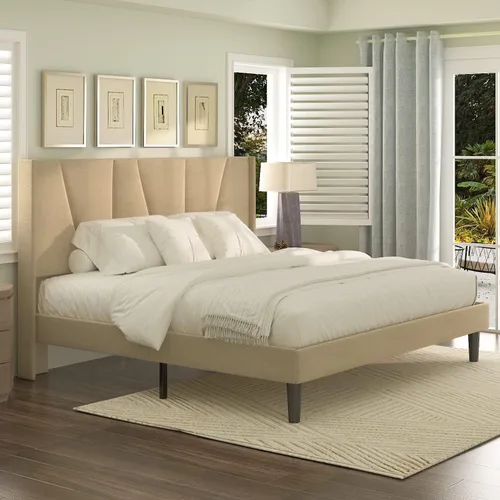 Vista 7 de IMUsee Base de cama tamaño King con cabecera geométrica con respaldo de alas, plataforma tapizada con soporte de listones de madera, no necesita
