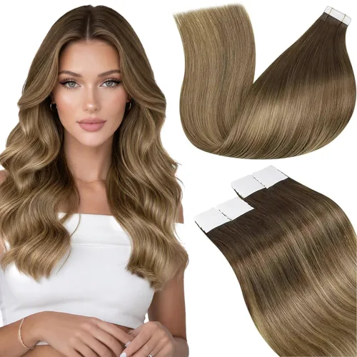 Vista 41 de LaaVoo - Extensiones de cabello humano con cinta adhesiva, color marrón a rubio ceniza, extensiones de cabello humano real, cintas en extensiones
