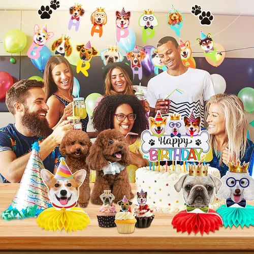 Vista 6 de 39 piezas de decoración para fiesta de perros - Bandera de cumpleaños, panales, globos y adornos para cupcakes para amantes de perros