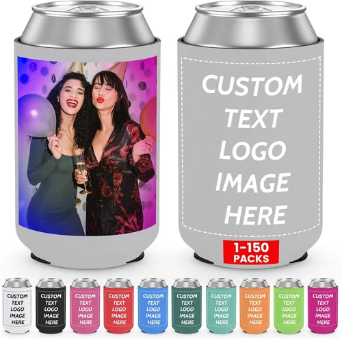Vista 18 de Valyria Fundas enfriadoras de latas personalizadas, 1 unidad, plegable, aislante, soporte para bebidas con logotipo, imagen, texto para aniversario
