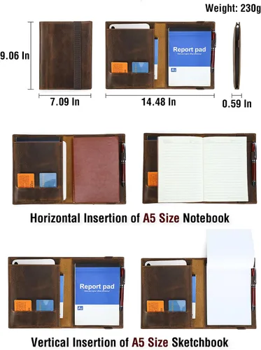 Vista 5 de Top Grain Leather - Padfolio de 8.3 pulgadas para hombres y mujeres, diseño vintage hecho a mano, organizador multifuncional de cartera de negocios
