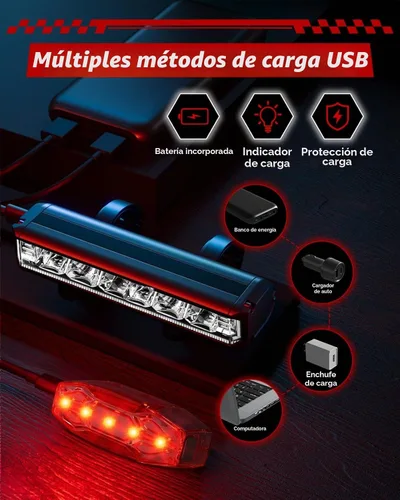 Vista 7 de Luces de bicicleta para montar de noche, luz trasera delantera recargable por USB, juego de faros de bicicleta, luz de aluminio, IPX5 impermeable