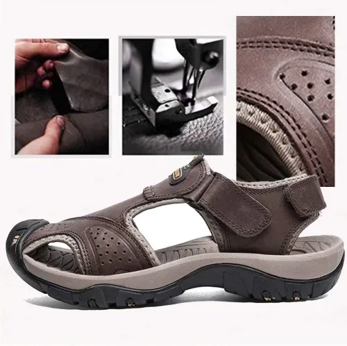 Vista 4 de VISIONREAST Sandalias de cuero para hombre, sandalias de senderismo al aire libre, impermeables, atléticas, zapatos de playa de pescador, sandalias