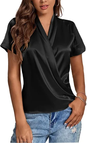 Vista 4 de LYANER Blusa elegante de satén con cuello en V y manga corta para mujer