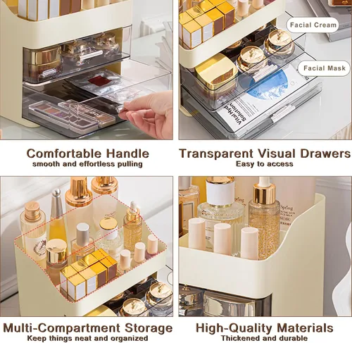 Vista 7 de DASITON Organizador de maquillaje con 2 cajones, organizador de cosméticos de maquillaje de gran capacidad para tocador, tocador de baño