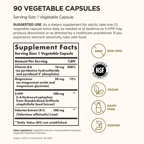 Vista 2 de Solgar 5-HTP 100 mg, 90 cápsulas vegetales - Promueve la relajación - Apoyo positivo al estado de ánimo y estrés - Sin OMG, vegano, sin gluten, sin