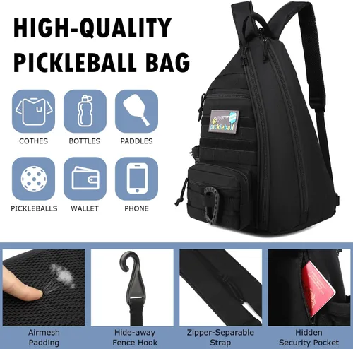 Vista 5 de Bandolera de Pickleball SunForMorning, Mochila Táctica de Pickleball para Mujeres y Hombres, Bolsa de Hombro Ajustable con Gancho para Valla y Negro