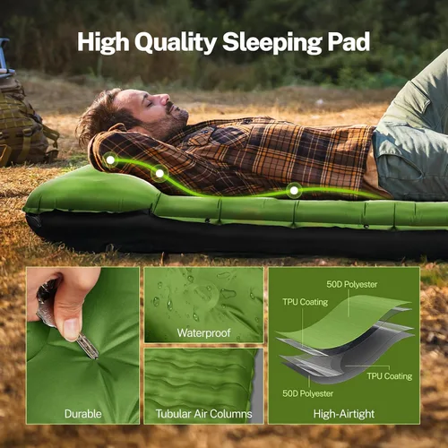 Vista 11 de OGERY Colchoneta de dormir para campamento, almohadilla de dormir reforzada extra gruesa de 6 pulgadas con almohadas y bomba de pie integrada Azul