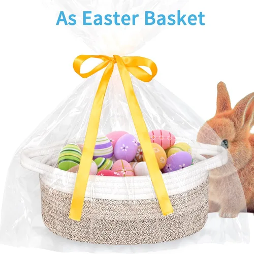 Vista 3 de ABenkle Cesta Pequeña con Asas - Contenedor de Almacenamiento Tejido de Cuerda Decorativo Duradero Cubo Organizador de Estante, Cesta de Regalo