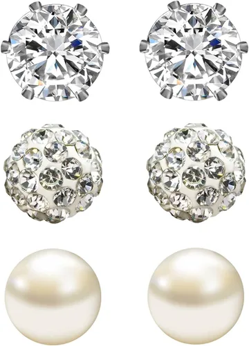 Vista 53 de JewelrieShop - Juego de aretes de tuerca de acero inoxidable con circonitas cúbicas y perlas de imitación, 3 pares de 0.236 in
