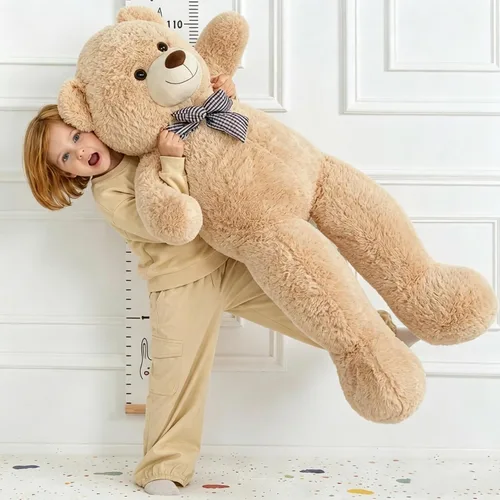 Vista 6 de Oso de peluche marrón gigante, animal de peluche grande de 47 pulgadas, material de felpa suave, estilo clásico con lazo a cuadros, para acurrucarse
