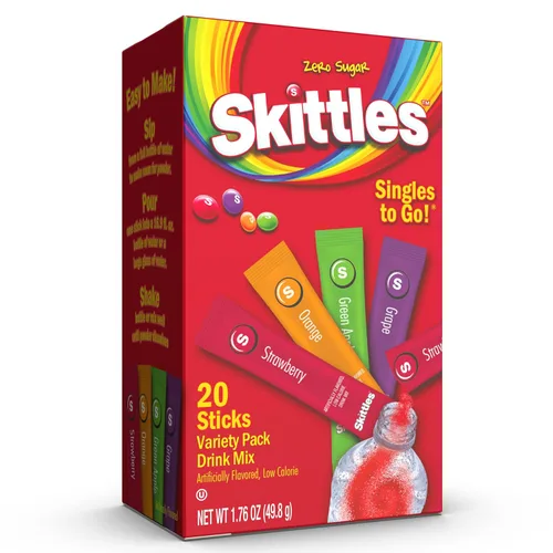 Vista 11 de Skittles Singles To Go Paquete Surtido, Mezcla de Bebida en Polvo Watertok, Cero Azúcar, Bajas Calorías, Incluye 4 Sabores, 1 Caja