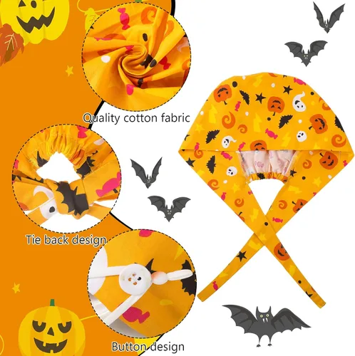 Vista 3 de Xtinmee Juego de 8 piezas de gorro de trabajo ajustable y máscara facial para enfermera, 4 sombreros bouffant con botón, 4 fantasmas, calabaza