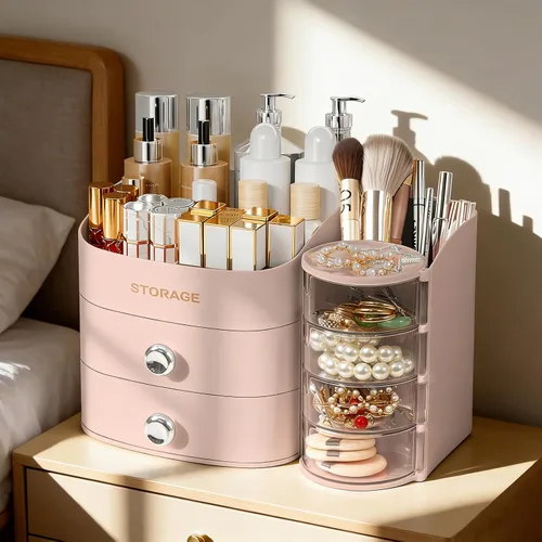 Vista 7 de XIAPIA Organizador de maquillaje para encimera, organizador de maquillaje para tocador, cuidado de la piel y organizadores de cosméticos con Rosa