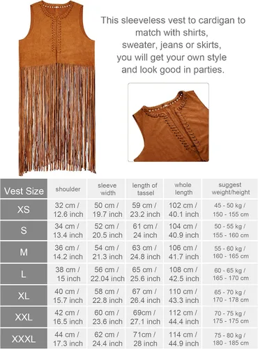 Vista 3 de WILLBOND Conjunto de disfraz hippie de 4 piezas para mujer, chaleco con borlas de gamuza sintética con flecos