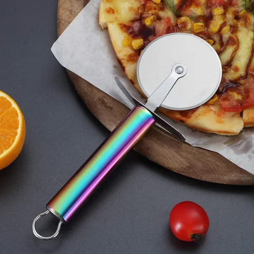 Vista 8 de Berglander Rueda de pizza, cortador de pizza de acero inoxidable con mango arcoíris, cortador de pizza súper afilado con chapado de titanio
