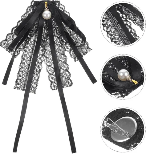 Vista 8 de KESYOO Broches de lazo para mujer, corbata de lazo de perlas de encaje negro, broche de perlas, lazo para el cuello, lazo de encaje para mujer