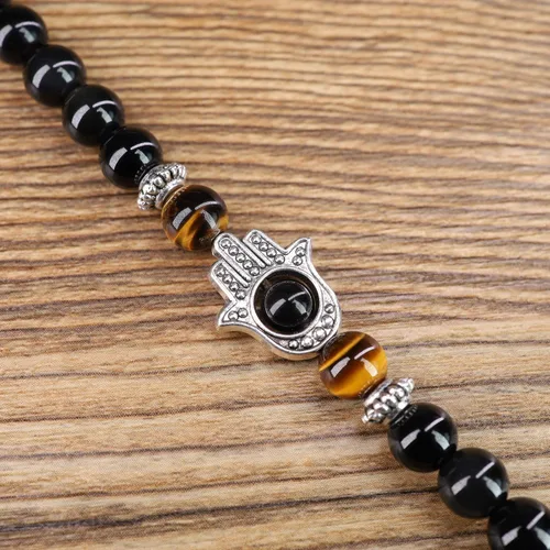 Vista 6 de COAI Collar de mano Hamsa de piedra negra 108 Mala, Piedra, Jaspe