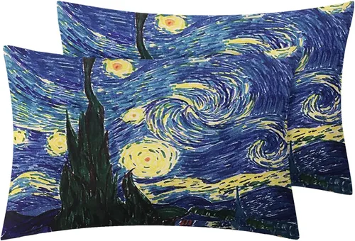Vista 2 de NOGAWA Juego de sábanas de noche estrellada, tamaño individual, sábanas artísticas, sábanas y fundas de almohada estampadas de 3 piezas, sábana