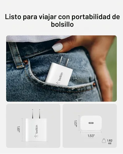 Vista 4 de Belkin Bloque de carga USB C de 20 W, carga rápida, Apple iPhone 17, Air, Pro, Pro Max, iPad, AirPods, Apple Watch, Samsung Galaxy S25, Nintendo