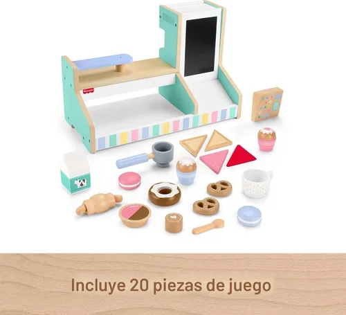 Vista 5 de Fisher-Price Wood Pretend Play Coffee Shop & Toy Register, juego de comida de madera de 20 piezas para niños preescolares a partir de 3 años