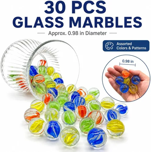 Vista 6 de 30 canicas de vidrio de 1 pulgada a granel, canicas de ojos de gatos a granel para juego de rebote de mármol, relleno de jarrón, recuerdos de fiesta