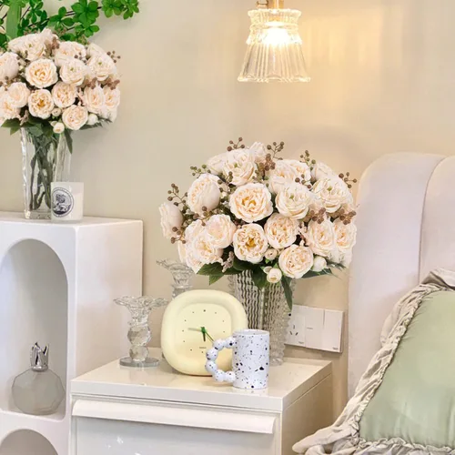 Vista 8 de Flores artificiales de seda, ramo de peonías sintéticas beige, 4 paquetes de arreglos florales para decoración de casa de campo, centro de mesa
