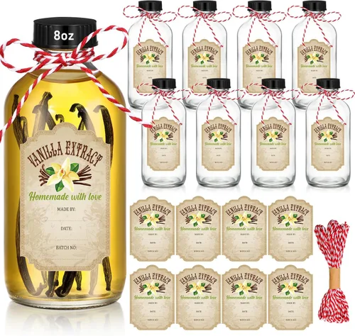 Vista 7 de Uiifan 8 botellas de vidrio transparente de 4 onzas para extracto de vainilla con tapas Boston Round, 8 Labels Included, Black Screw Caps, for