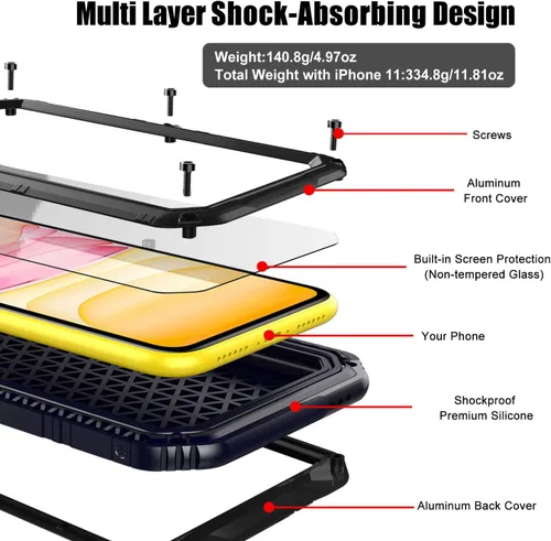 Vista 2 de Beasyjoy Funda impermeable de metal para iPhone 11, resistente, a prueba de golpes, a prueba de polvo, protección resistente, pantalla incorporada