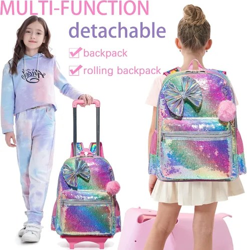 Vista 2 de 16inch Rolling Backpack for Girls Backpacks with Wheels Kids Wheeled School Bag Sequin Suitcase Trolley Trip Luggage for Elementary Kindergarten