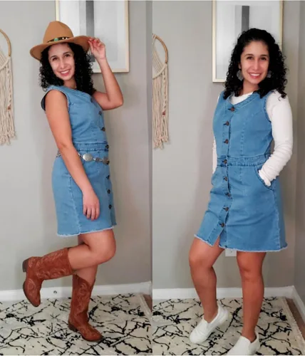 Vista 3 de luvamia Vestido corto casual de mezclilla con botones y cuello en V para mujer