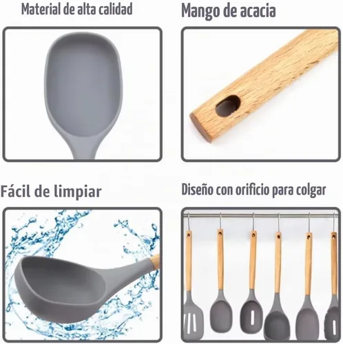 Vista 4 de Juego de utensilios de cocina de silicona de alta calidad, herramientas de cocina de 7 piezas con asas de madera de acacia y soporte de bambú, Gris