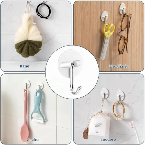 Vista 6 de 24 ganchos redondos de plástico, pequeños ganchos autoadhesivos para colgar, blanco, impermeable y a prueba de aceite para utensilios de cocina